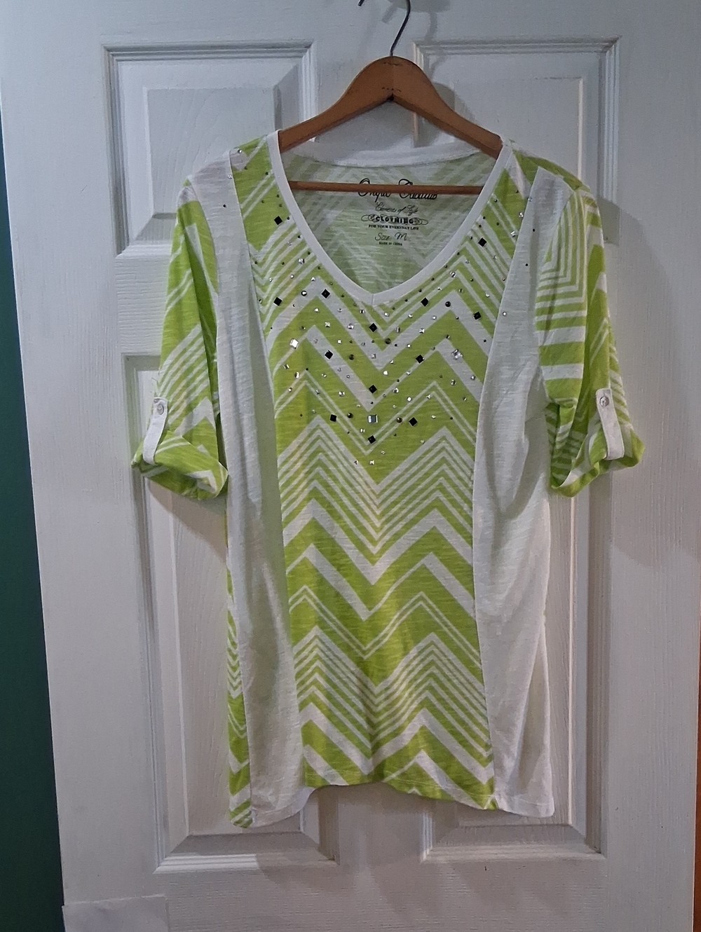 Onque Casuals Lime Green and White Chevron V-Neck Top with Stud Detail
